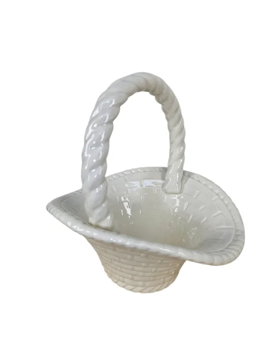 Vintage White Ceramic Basket Planter Vase Woven Handle Cottagecore Decor