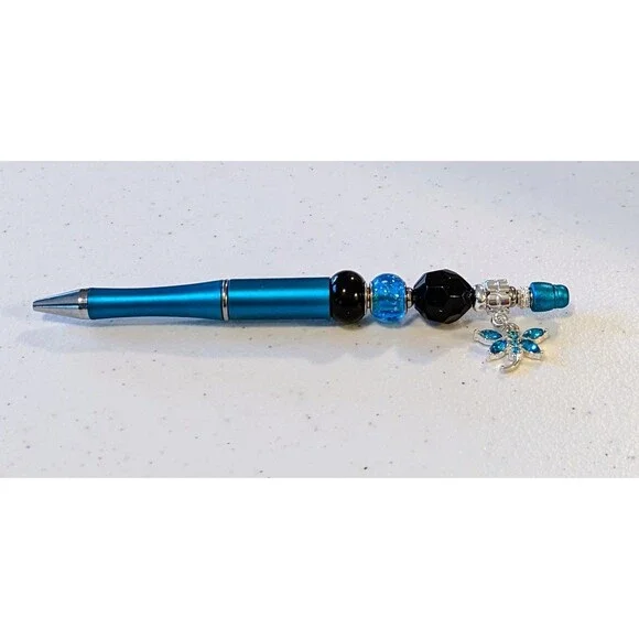 Beaded Pen - Blue, Black with Dangle, Beaded, Gift Idea,NEW
