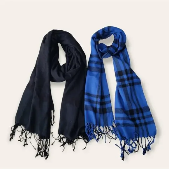 Womens scarf lot fringe black blue plaid OS