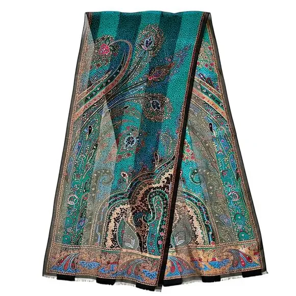 Oscar de la Renta Vintage Jewel Tone Paisley Metallic Gold Silk Fringe Scarf