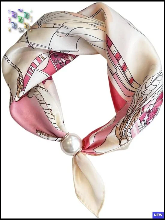 Magnetic Buckle Scarf with Pearl Charm Retro Floral Satin Square Neck Scarf