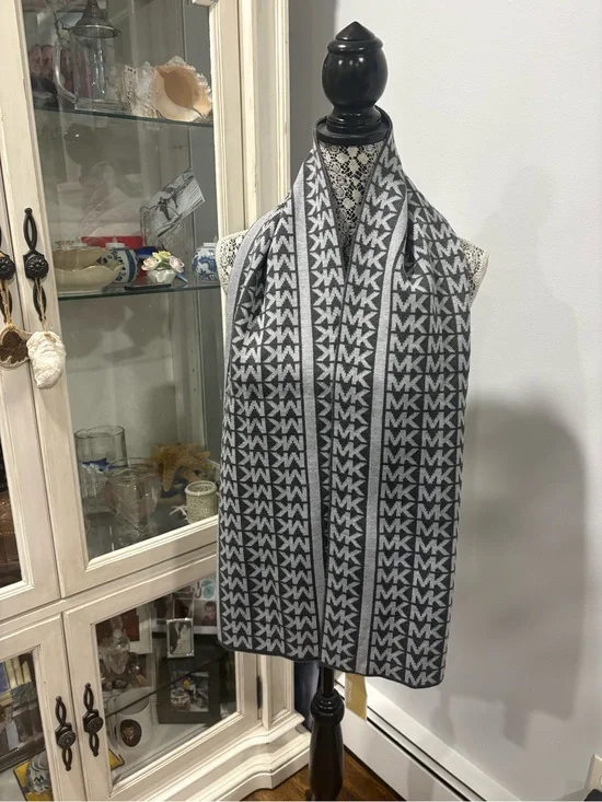 Michael Kors Gray and Dark Gray MK Logo Knit Scarf