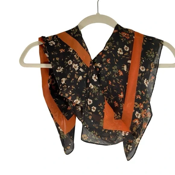 SILK SCARF Mini Floral Print Black Rusty Brown