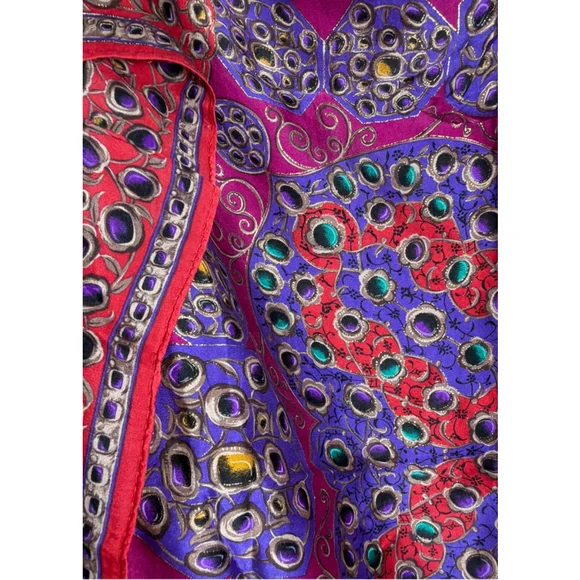 Vintage 80s Oscar de la Renta Jewel Print Baroque Ornate Gemstone Silk Scarf