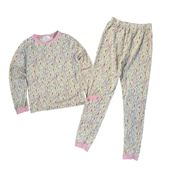 Cecil and Lou Pink Easter Bunny Spring Flowers Knit‎ Pajama 2-PIECE SET Girls 10