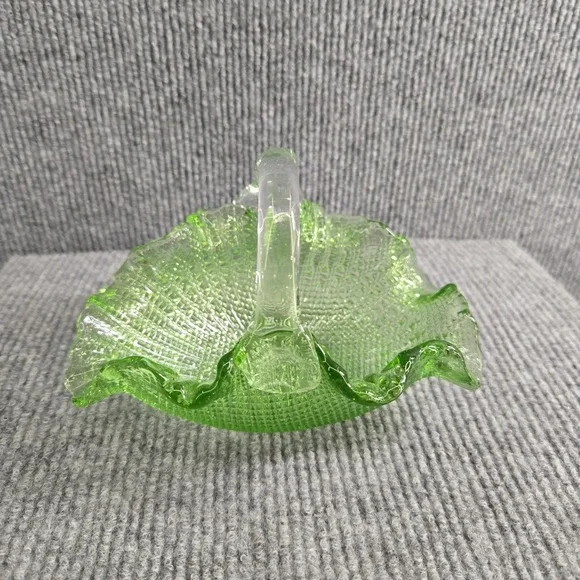 Fenton Green Glass Basket Handled Pinched Edge Hobnail Basket Dish