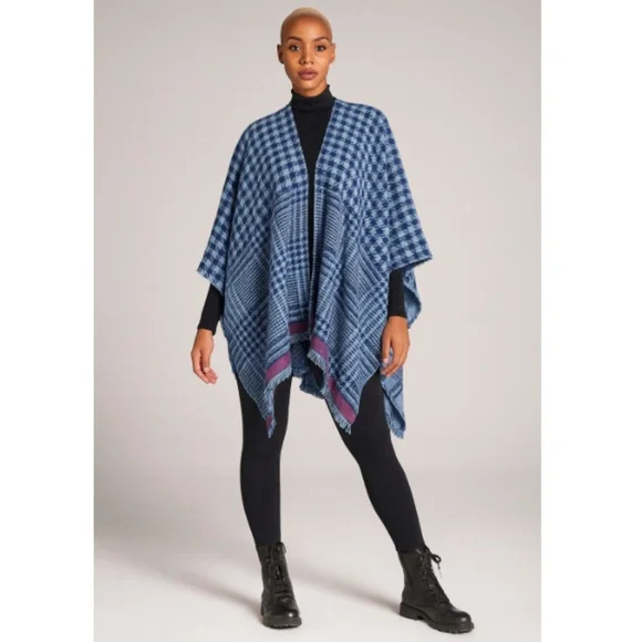 Blue Steve Madden Plaid Boho Granny Core Poncho Fringed Shawl ONE SIZE FITS MOST