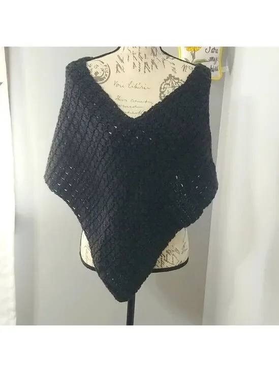 Handmade Crocheted Warm Simple Dark Grey Poncho S/M