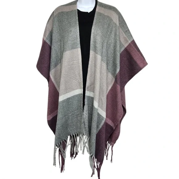Woolrich Poncho Wrap Shawl Burgundy Grey Herringbone Plaid Fringe 32