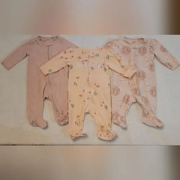 Carters size 3 months pink floral little sisters animal footie pajamas b…