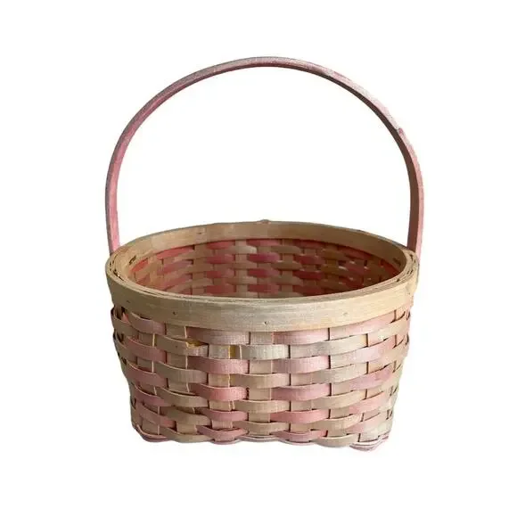 Vintage Pink and wood Woven‎ Basket with Handle 9”x9” Round