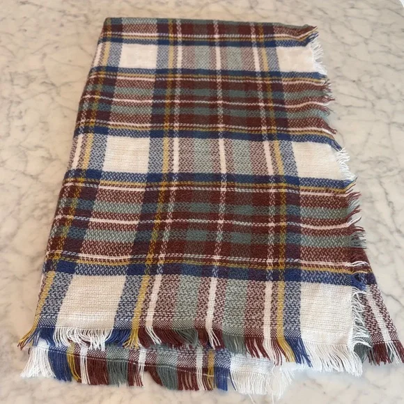 Plaid Fringe Blanket Scarf in Cream, Navy & Burgundy 57 X 59 inches