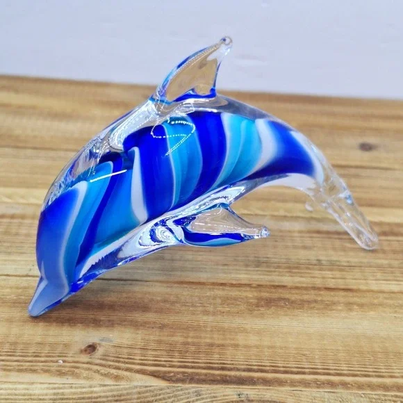 Glass‎ Dolphin Figurine Paperweight Blue and White Ocean Beach Decor Gift