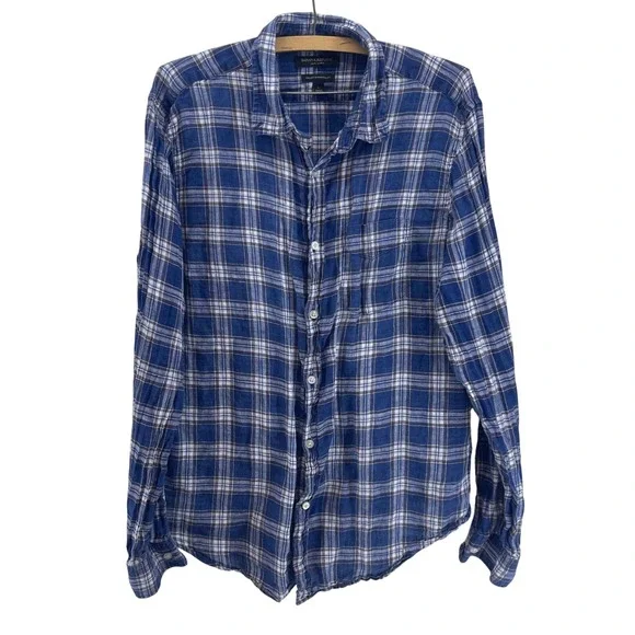 Banana Republic Button Up‎ Shirt Mens L Blue Linen Plaid Coastal Airy Resortwear