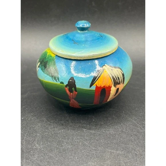 Hand Painted Trinket Box African Village Scene Lidded Jar Decor Small -‎ As Is
