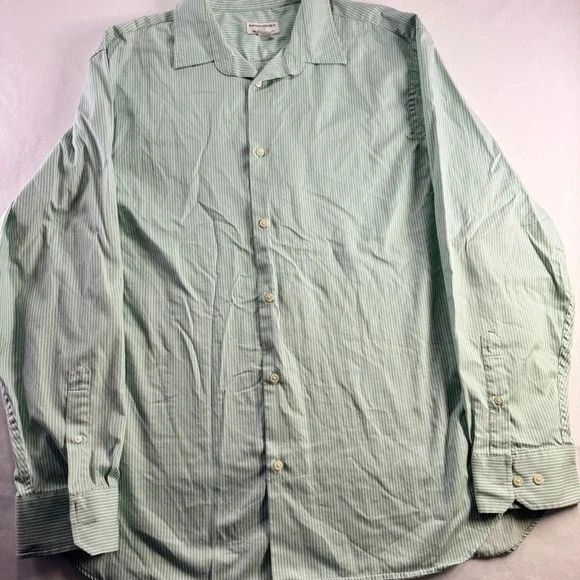 Banana Republic Shirt Mens XXL Green White Striped Cotton Non Iron Classic Fit