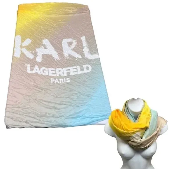 Karl Lagerfeld Paris Scarf Silk Blend Sun Bleached Square Blue Logo Fall Layer‎