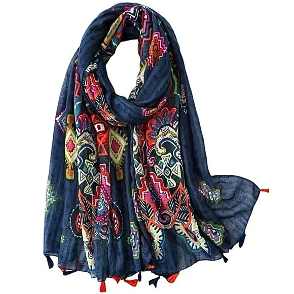 Paisley Print Scarf Aztec Accents Fringe Navy Multicolored Long 36” x 70” New!