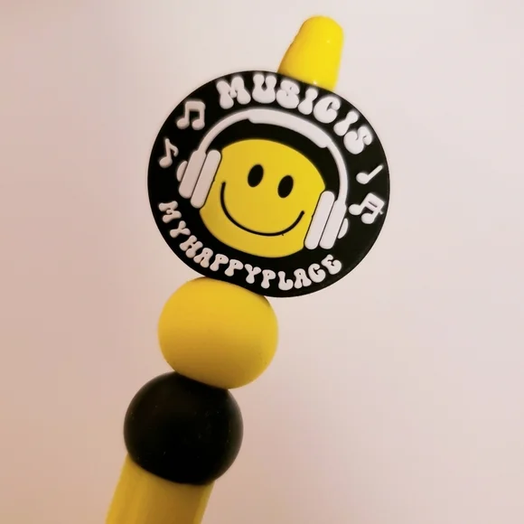 Handmade Silicone Focal Beaded Smiley Face Music is My Happy Place Pen