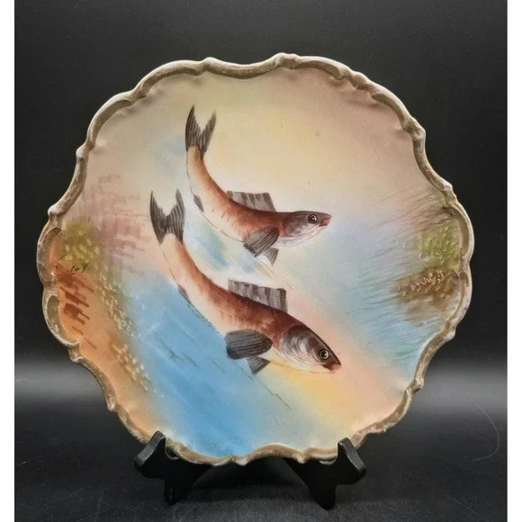 Antique Eloi M Signed Hand Painted Limoges Fish Porcelain Plate Scalloped 10