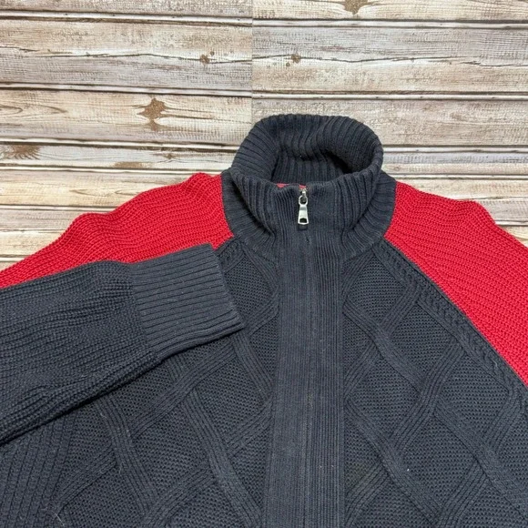 Banana Republic Full Zip Sweater Men XL Tall Navy Blue Red Cable Knit Colorblock