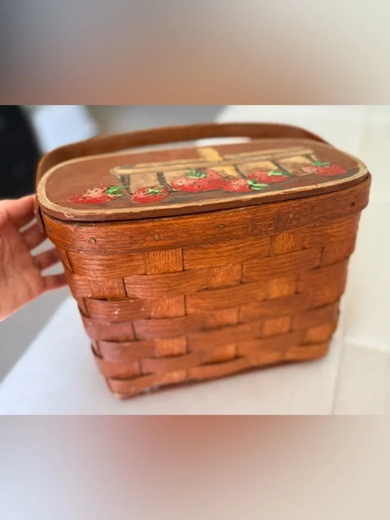 Vintage strawberry folk art hand painted woven wood picnic basket purse signed