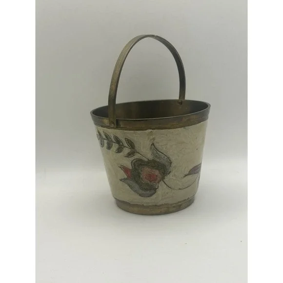 RARE Solid Brass Round‎ Basket With Enameled Flowers Made In India