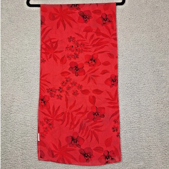 Vintage Scarf Womens Red Floral Botanical‎ Sheer Chiffon 13 in x 52 in