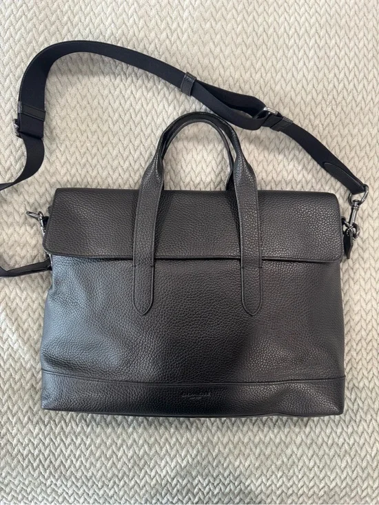 COACH Hamilton Black Pebble Leather Portfolio Briefcase Messenger Laptop Bag
