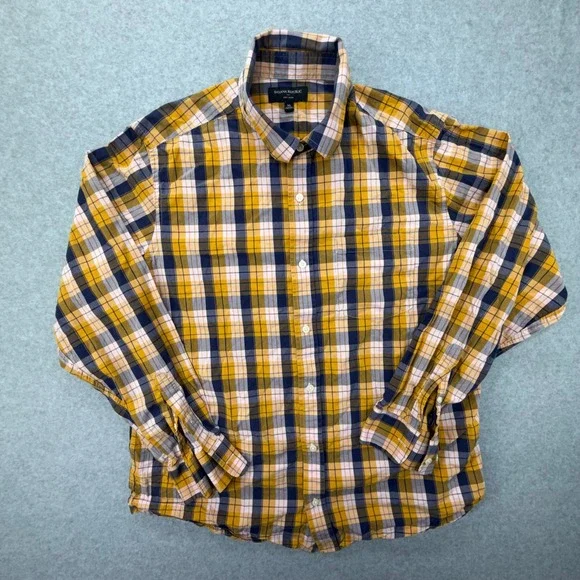 Banana Republic Soft Wash‎ Mens XL Plaid Button Down Shirt Mustard Yellow Navy