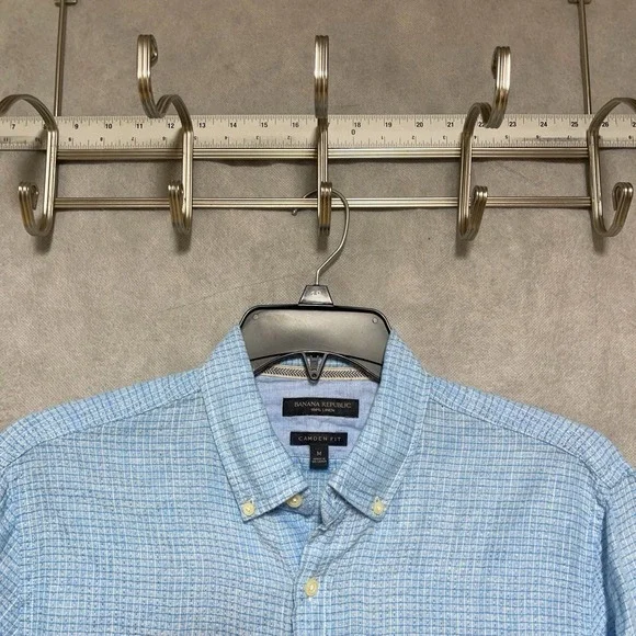 Banana Republic‎ Shirt Men M Blue Check Linen Button Up Camden Hopsack Academia