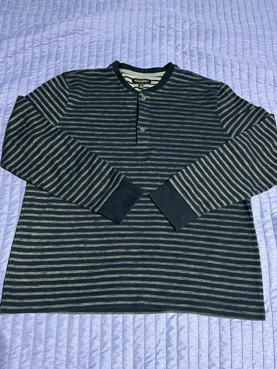 Banana Republic Navy and Gray Striped Henley Long-Sleeve Shirt XL