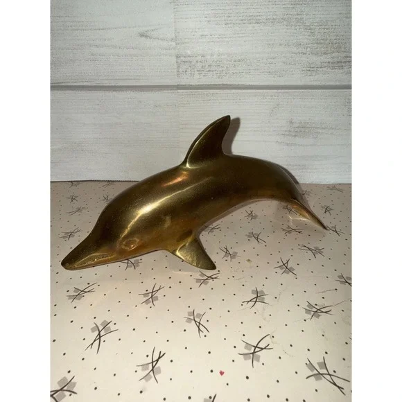 Vintage Brass Dolphin Figurine 8 Inch Nautical Mid Century Modern Decor Korea