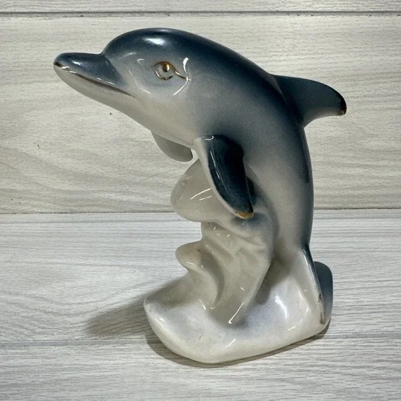 Ceramic Dolphin Figurine w/ Gold Accents 6.75 x 6 x 2.75