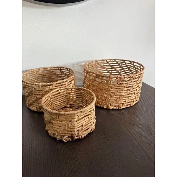 Woven Hyacinth Nesting‎ Baskets Set of 3 Natural Tan Round Decorative Home Boho