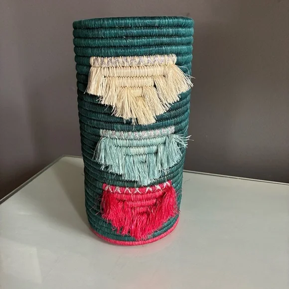 Handcrafted Woven Vase with Fringe Accents