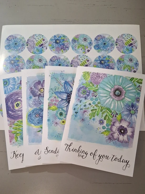 Floral Watercolor Greeting Card Set With Matching Seals