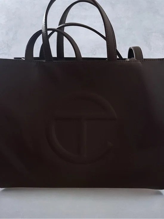 Telfar Black Leather Tote with Embossed Logo