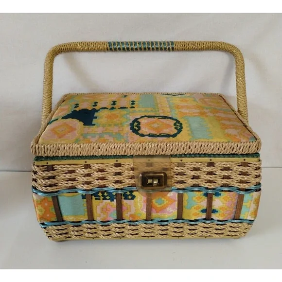 Vintage Wicker Sewing Basket - Accessories & Silk Top Cushion for Pins