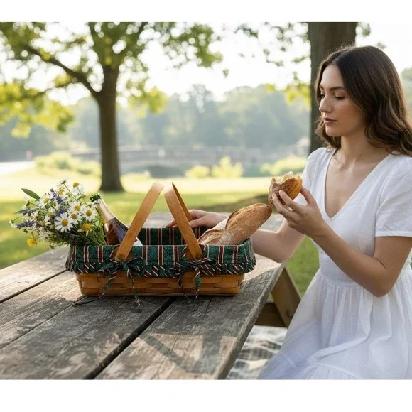Longaberger Handwoven Maple Wood‎ Picnic Gathering Basket +Fabric Liner