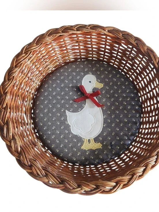 Cottagecore Goose Padded Wicker Basket Embroidered Country Charm