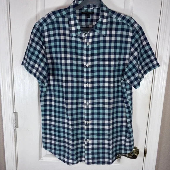 Banana Republic Plaid Shirt Short Sleeve Button Up Green Blue Mens‎ Large (M)
