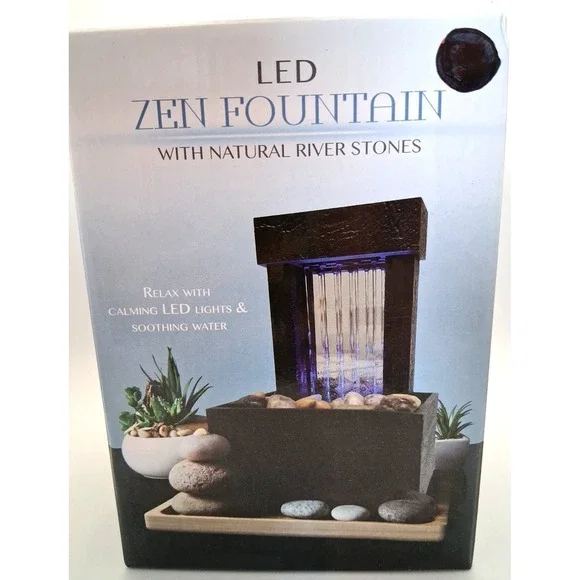 Relaxing Modern Zen Fountain with Blue LED Lights w/ Natural River Rocks
