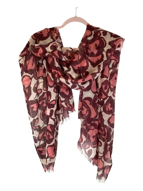 Large Gauzy Scarf Abstract Floral Design Eyelash Fringe
