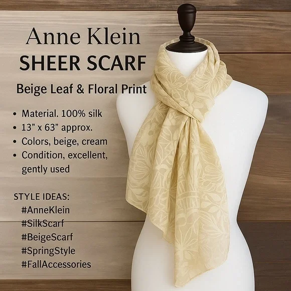 🌼 Anne Klein 100% Silk Scarf – Pale Butter Yellow Floral Jacquard – 13”x63”