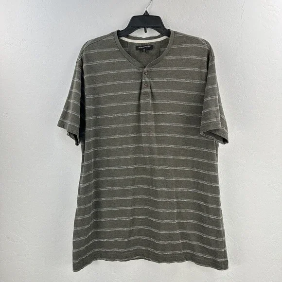BANANA REPUBLIC Mens XL Henley Short Sleeve T shirt Gray Khaki Green‎ Stripe