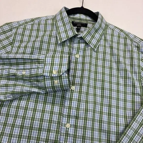 Banana Republic Men’s Dress Shirt Large Green Blue Plaid Non Iron Classic Fit