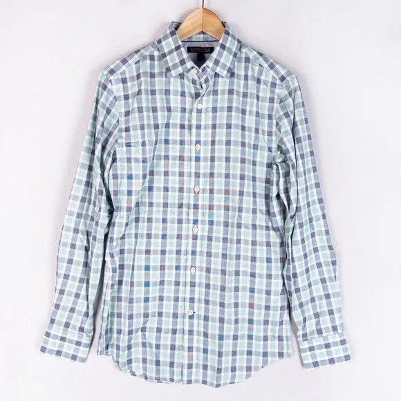 Banana Republic Mens Button Down Shirt S Green Blue Plaid Non-Iron Tailored Slim
