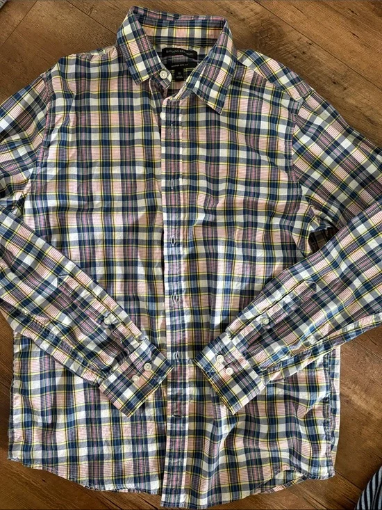 Banana Republic Men's Plaid Button-Down Shirt in Pink, Blue & Yellow