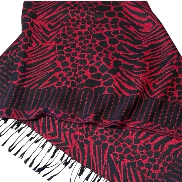 Red Black Animal Print XL Scarf Wrap Maximalist Artsy Bold Layering Lagenlook